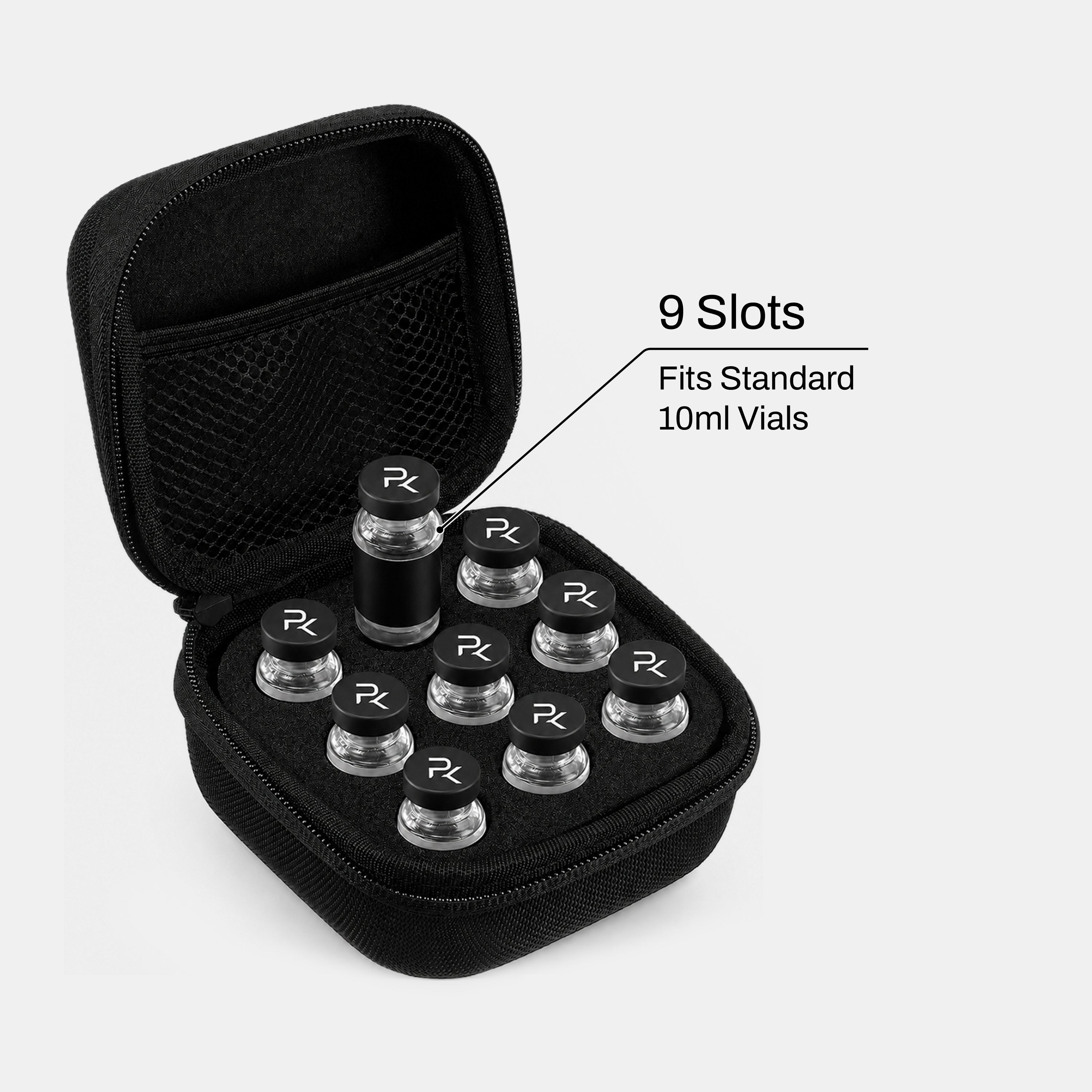 The Pepkase Vial Case showing 9 individual foam slots holding standard vials