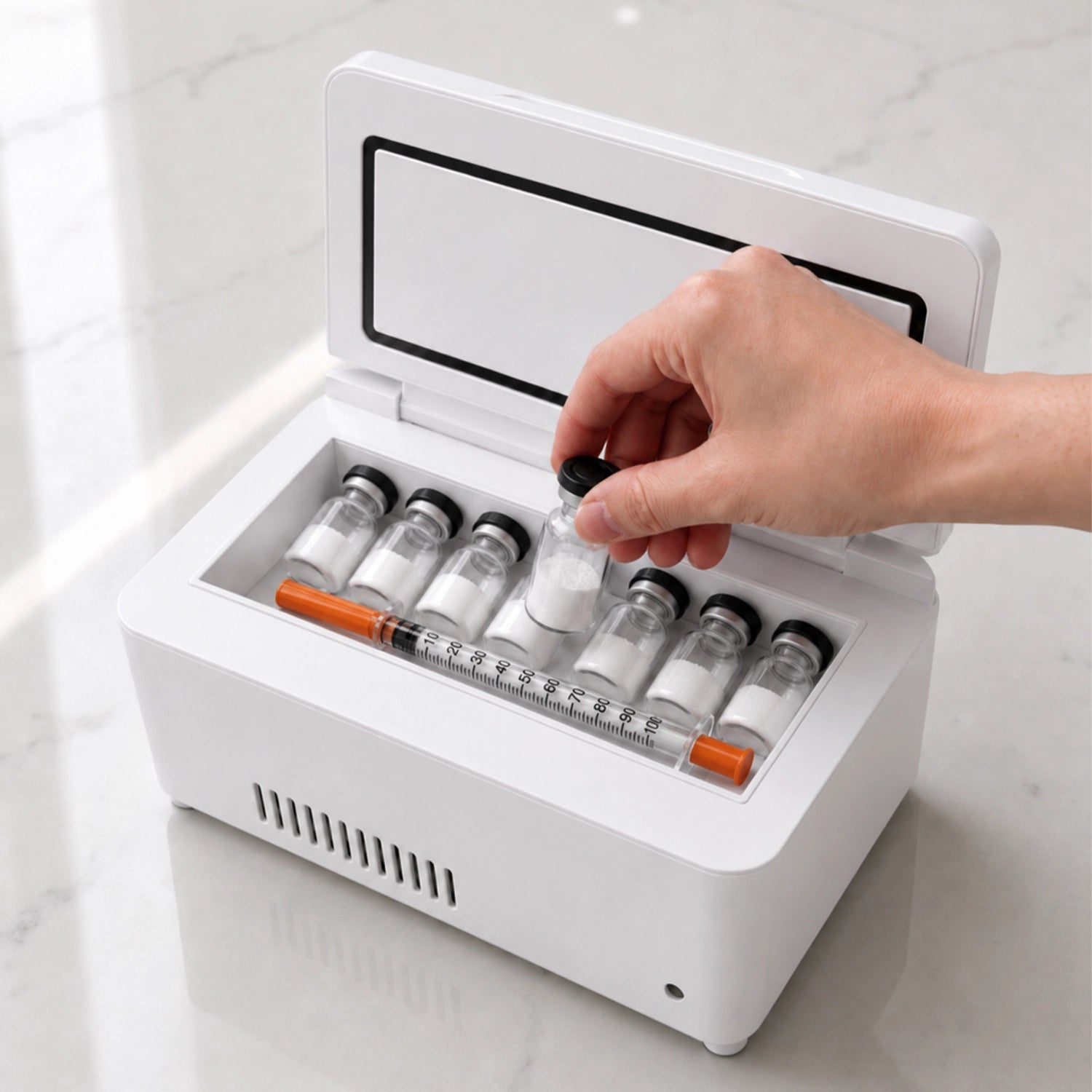 The Pepkase Mini-Fridge shown in a real-world travel lifestyle setting