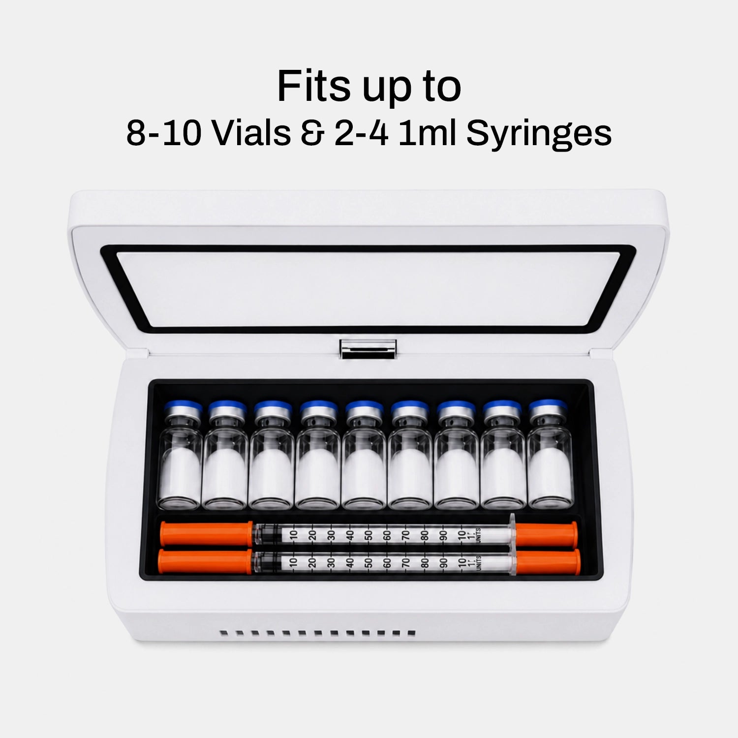 The Pepkase Mini-Fridge interior capacity diagram — holds 8-10 vials, 2-4 syringes, or 3-5 pens
