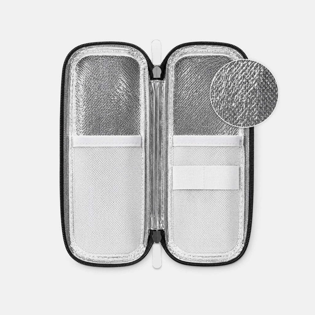 The Pepkase Travel Case open showing 2 ice packs and 1ml (100-unit) syringes inside