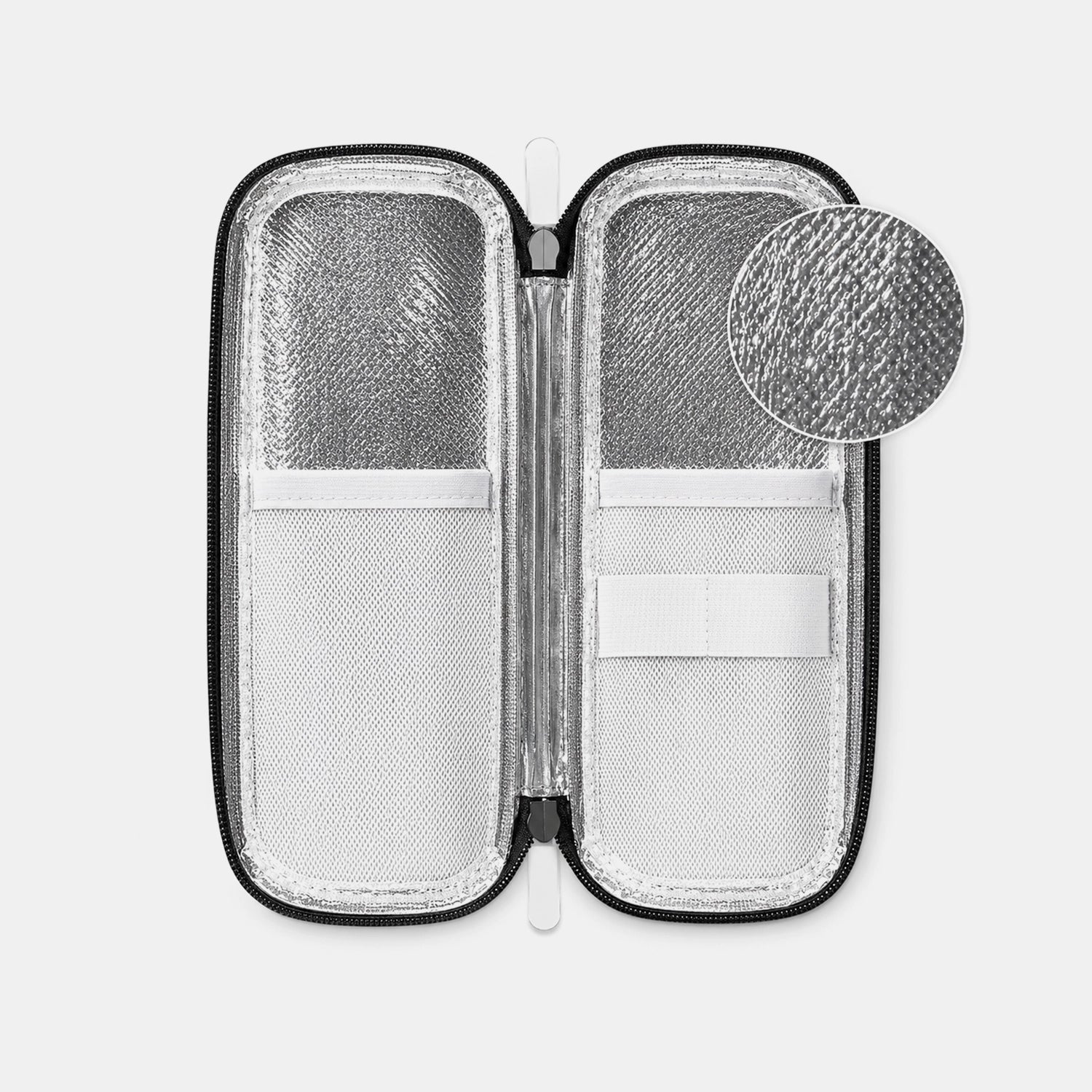 The Pepkase Travel Case open showing 2 ice packs and 1ml (100-unit) syringes inside