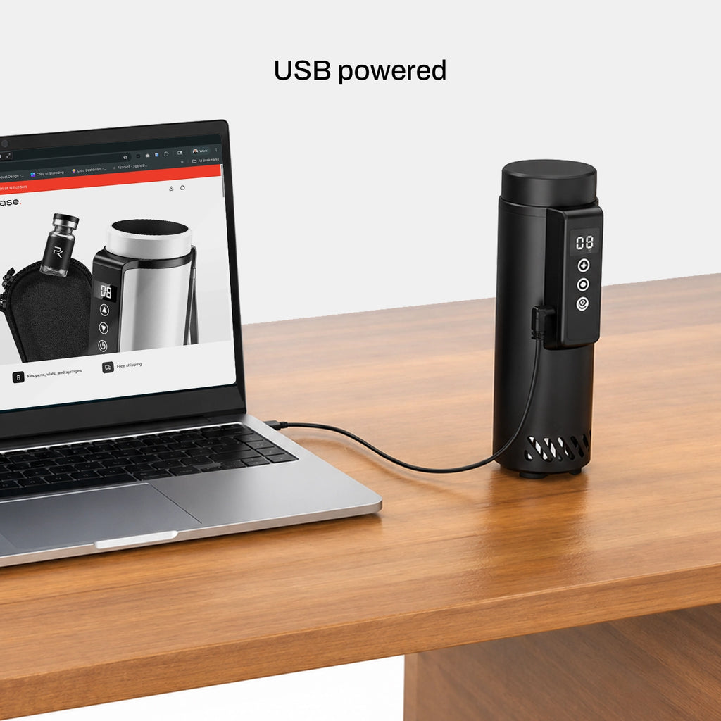 The Pepkase Cooler with USB-A power cable — powers from any wall brick, car port, or power bank