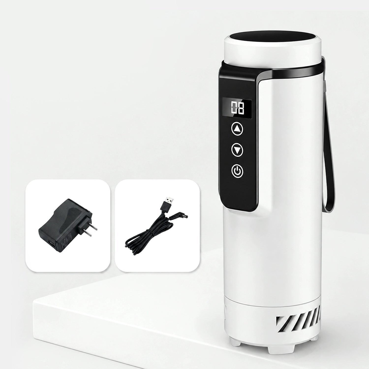 The Pepkase Cooler in white colorway hero shot with digital display